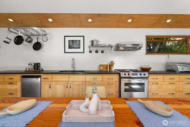 11230 Asta Ln SW, Vashon, WA 98070 - kitchen featuring stainless steel appliances, range hood, wood counters, and recessed lighting