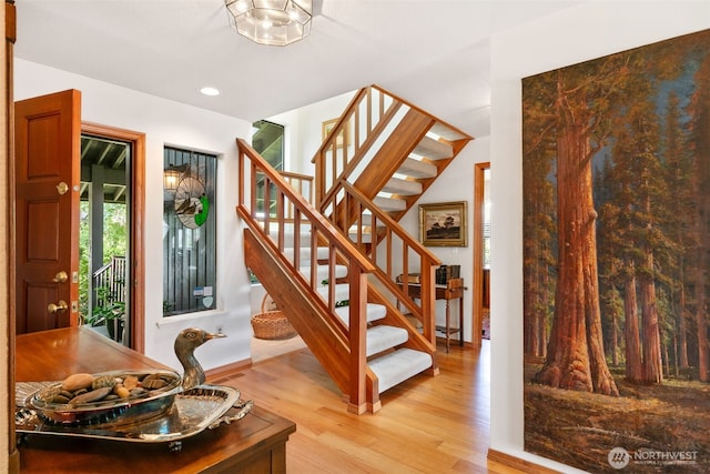7610 Scenic Dr, Yakima, WA 98908 - entryway featuring stairs, light wood-type flooring, and recessed lighting
