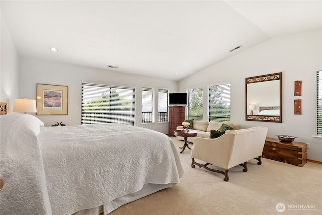 7610 Scenic Dr, Yakima, WA 98908 - bedroom featuring lofted ceiling, light carpet, and recessed lighting