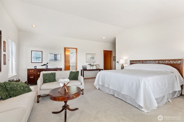 7610 Scenic Dr, Yakima, WA 98908 - bedroom with light colored carpet, vaulted ceiling, and recessed lighting