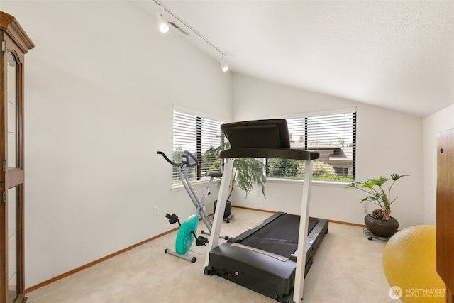 7610 Scenic Dr, Yakima, WA 98908 - exercise area with carpet floors, rail lighting, and lofted ceiling