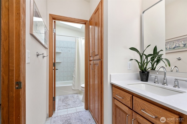 7610 Scenic Dr, Yakima, WA 98908 - bathroom featuring vanity, tile patterned floors, and shower / bath combination with curtain