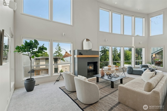 8812 NE 117th Pl, Kirkland, WA 98034 - carpeted living room featuring a high ceiling and a glass covered fireplace