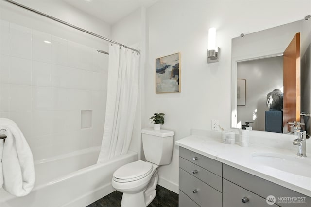 8812 NE 117th Pl, Kirkland, WA 98034 - bathroom featuring vanity, shower / bathtub combination with curtain, and wood finished floors