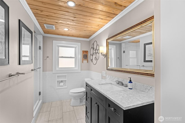 2812 Nome St, Bellingham, WA 98225 - full bath with tile walls, wooden ceiling, vanity, a shower stall, and a wainscoted wall