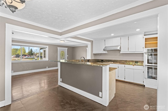 2812 Nome St, Bellingham, WA 98225 - kitchen featuring under cabinet range hood, white cabinets, appliances with stainless steel finishes, recessed lighting, and ornamental molding