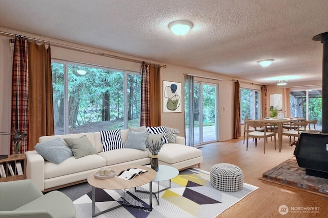 110 E Shannon Pl, Shelton, WA 98584 - living room featuring a textured ceiling, a wood stove, and wood finished floors