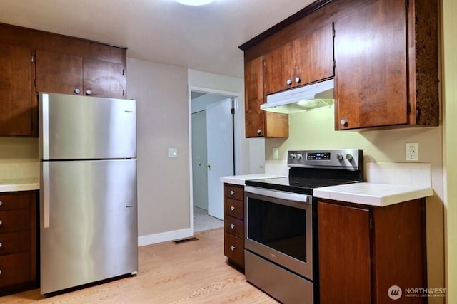110 E Shannon Pl, Shelton, WA 98584 - kitchen featuring appliances with stainless steel finishes, under cabinet range hood, light wood-style flooring, tile counters, and dark brown cabinetry