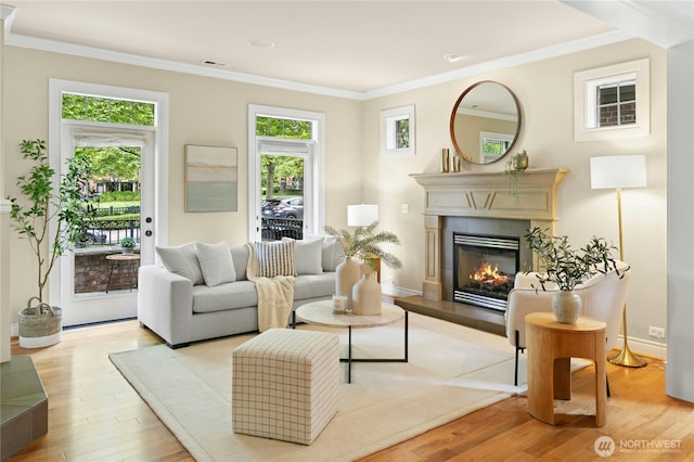 2621 NE Park Dr, Issaquah, WA 98029 - living area with light wood finished floors, crown molding, and a tile fireplace