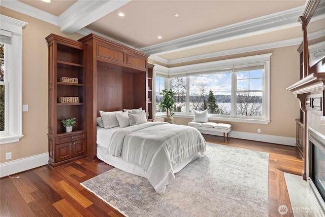 8071 W Mercer Way, Mercer Island, WA 98040 - bedroom featuring ornamental molding, a fireplace, wood finished floors, beamed ceiling, and recessed lighting