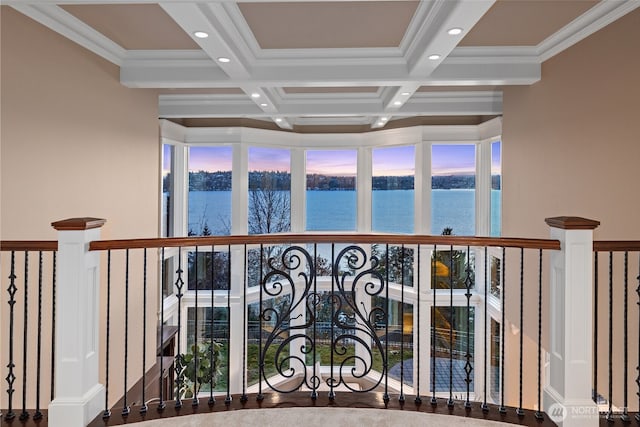8071 W Mercer Way, Mercer Island, WA 98040 - hall with a water view, recessed lighting, beam ceiling, coffered ceiling, and healthy amount of natural light