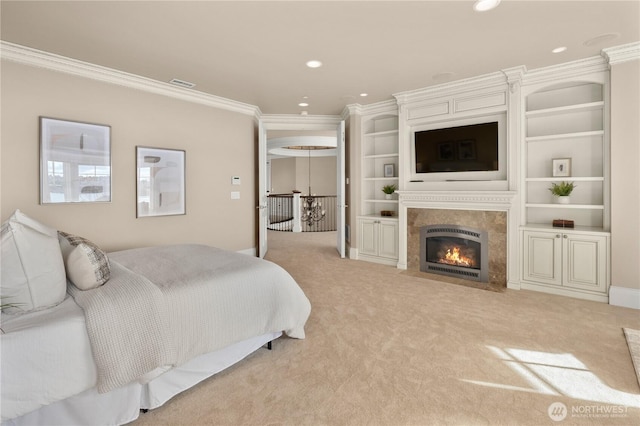 8071 W Mercer Way, Mercer Island, WA 98040 - bedroom featuring light carpet, recessed lighting, ornamental molding, and a high end fireplace
