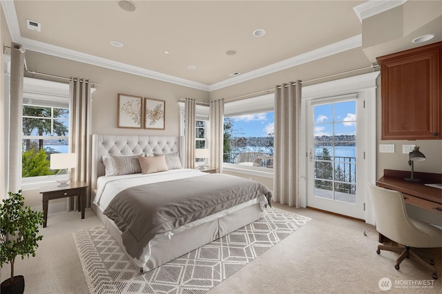 8071 W Mercer Way, Mercer Island, WA 98040 - bedroom with light colored carpet, access to outside, multiple windows, a water view, and ornamental molding