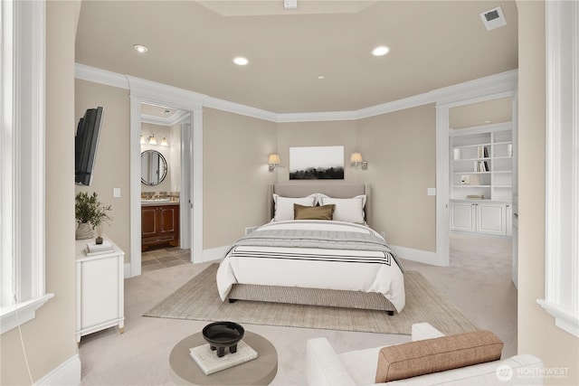 8071 W Mercer Way, Mercer Island, WA 98040 - bedroom with light carpet, crown molding, recessed lighting, and ensuite bathroom