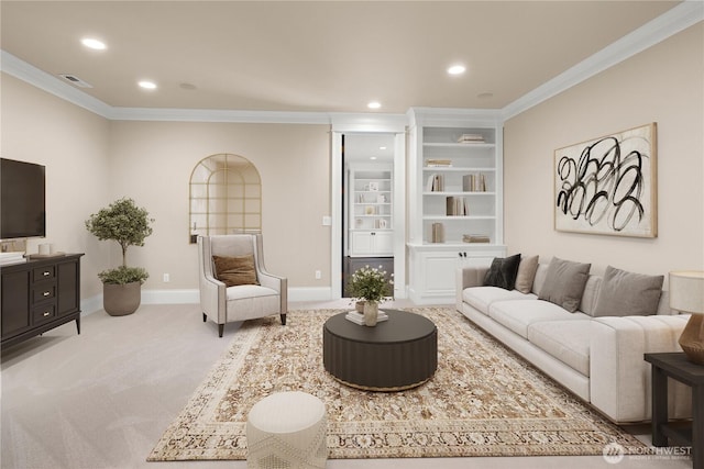 8071 W Mercer Way, Mercer Island, WA 98040 - living room with ornamental molding, carpet flooring, recessed lighting, and built in features
