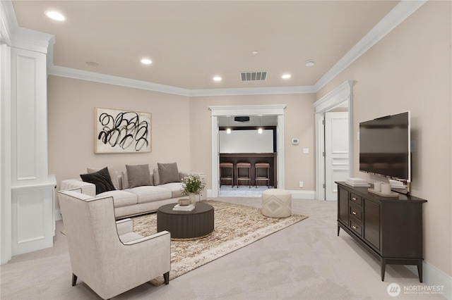 8071 W Mercer Way, Mercer Island, WA 98040 - living room with light carpet, crown molding, and recessed lighting