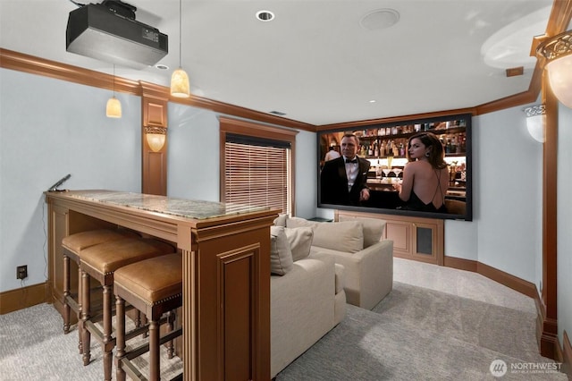 8071 W Mercer Way, Mercer Island, WA 98040 - carpeted home theater featuring crown molding and a bar