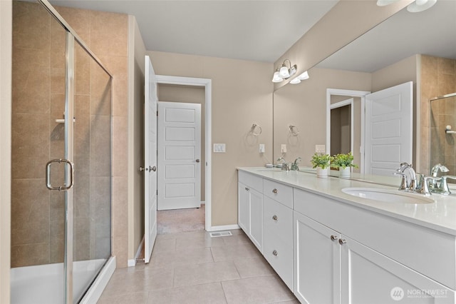 32803 Stuart Ave SE, Black Diamond, WA 98010 - full bath featuring double vanity, a stall shower, and tile patterned floors