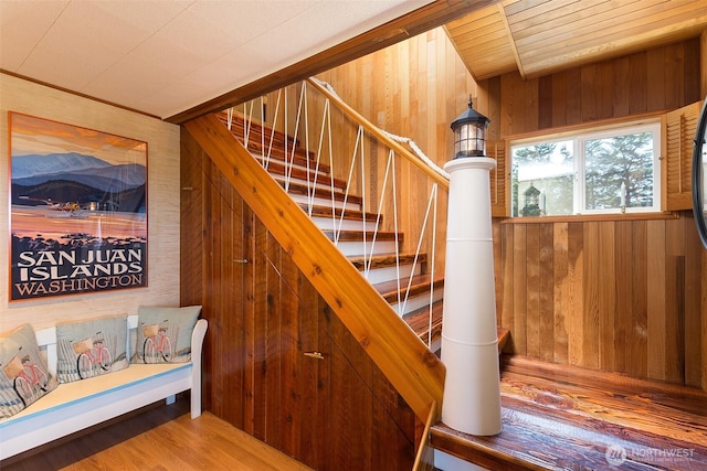 215 Amber Ln, Sequim, WA 98382 - stairs with wood walls and wood finished floors