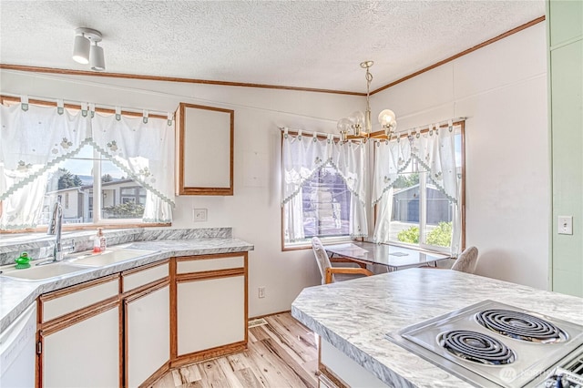 1700 Twin Peaks Dr Unit 71, Wenatchee, WA 98801 - kitchen featuring a textured ceiling, a chandelier, stainless steel electric stovetop, ornamental molding, and light wood finished floors