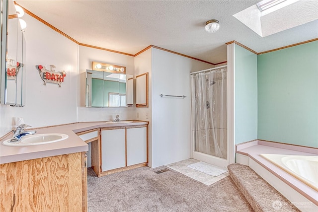 1700 Twin Peaks Dr Unit 71, Wenatchee, WA 98801 - bathroom with crown molding, a shower with curtain, a skylight, vanity, and a bath