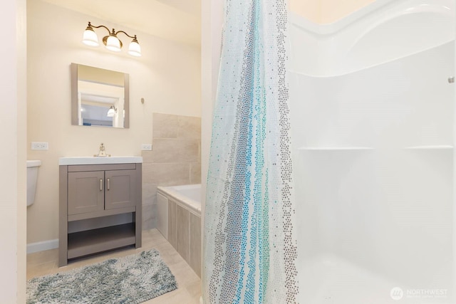 5798 Roosevelt Way NE, Seattle, WA 98105 - full bath with vanity, a shower with curtain, a relaxing tiled tub, and tile patterned floors