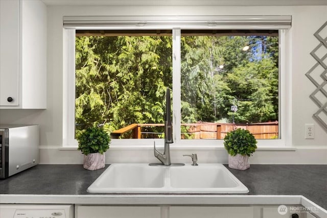 17019 426th Ave SE, North Bend, WA 98045 - kitchen featuring dark countertops, white cabinets, and white dishwasher