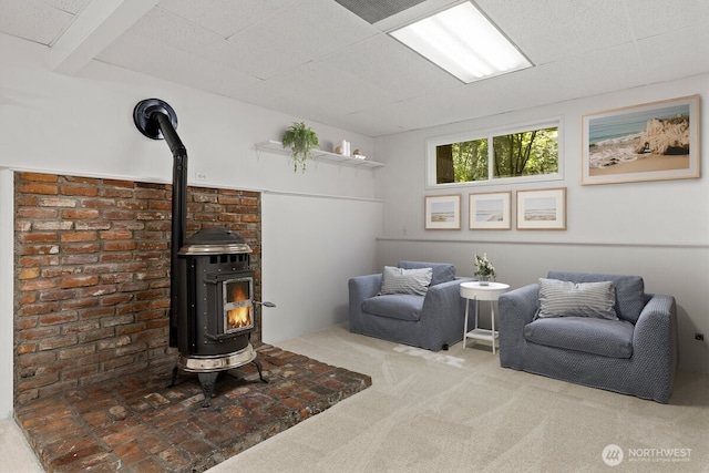 17019 426th Ave SE, North Bend, WA 98045 - living room with a wood stove and carpet floors