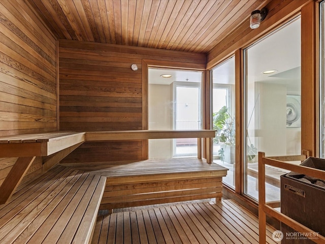 121 Vine St Unit 601, Seattle, WA 98121 - sauna / steam room with hardwood / wood-style flooring, wooden walls, and wooden ceiling