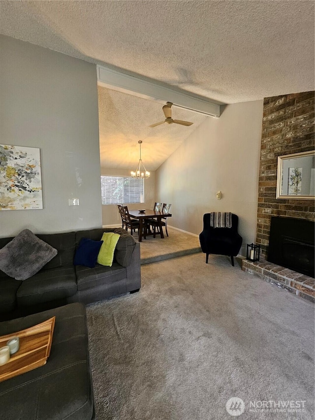 10924 SE 183rd Ct, Renton, WA 98055 - carpeted living area featuring a textured ceiling, a chandelier, and a fireplace
