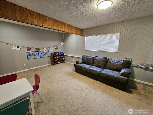 10924 SE 183rd Ct, Renton, WA 98055 - carpeted living room with a textured ceiling and wood walls
