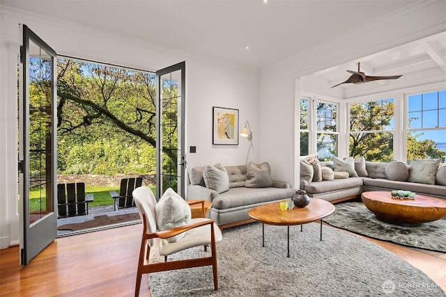 living area featuring crown molding, plenty of natural light, a ceiling fan, wood finished floors, and beamed ceiling