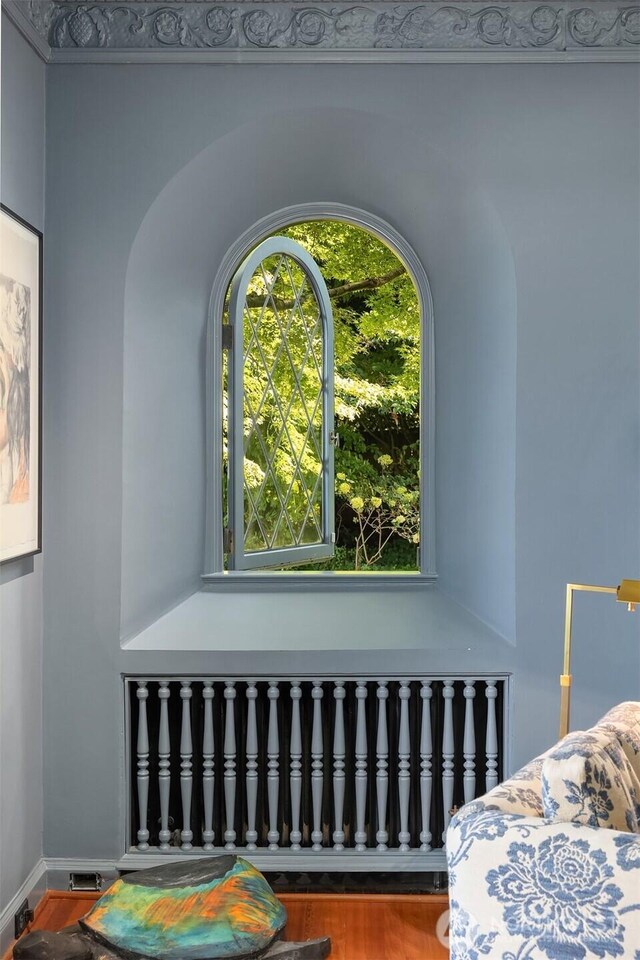 bedroom with radiator and wood finished floors