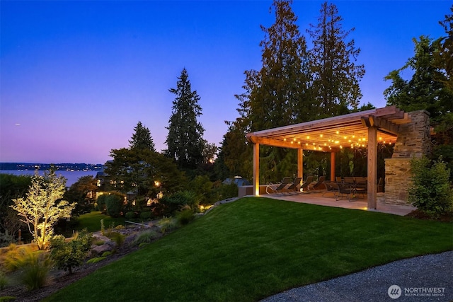 view of green lawn with a pergola and a patio