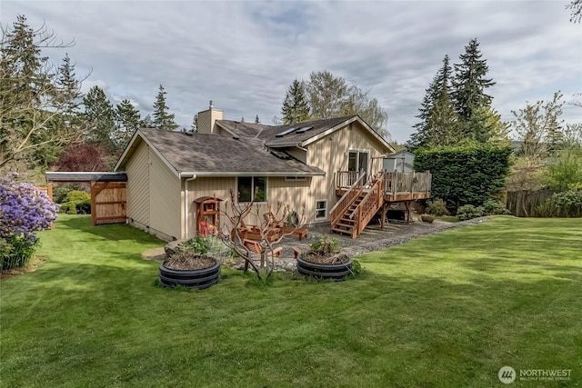 2217 W Birch, Bellingham, WA 98229 - rear view of house featuring stairway, a wooden deck, a chimney, and a shingled roof