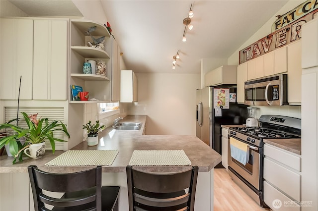 2217 W Birch, Bellingham, WA 98229 - kitchen featuring stainless steel appliances, a peninsula, a kitchen bar, vaulted ceiling, and open shelves