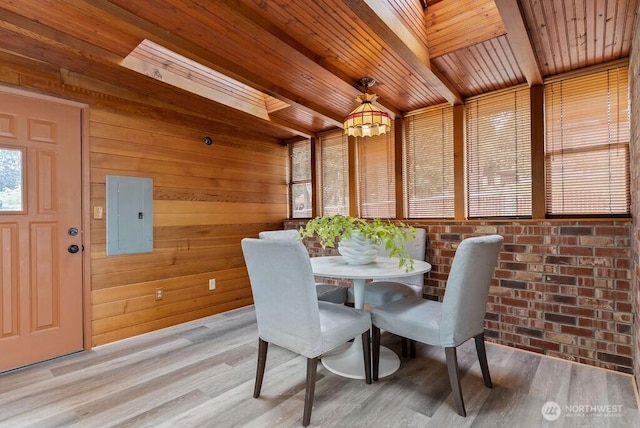 15633 47th Ave S, Tukwila, WA 98188 - dining space featuring electric panel, wooden ceiling, light wood finished floors, and wooden walls