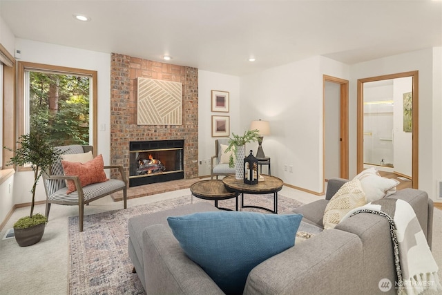 11926 SE 198th Ct, Kent, WA 98031 - living area with carpet, a brick fireplace, and recessed lighting