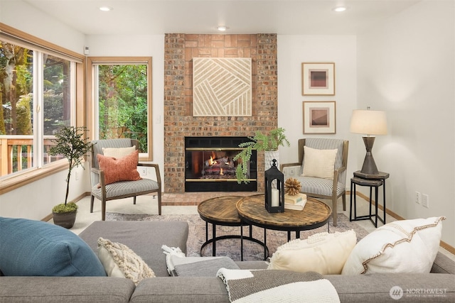 11926 SE 198th Ct, Kent, WA 98031 - living area with carpet flooring, a brick fireplace, and recessed lighting