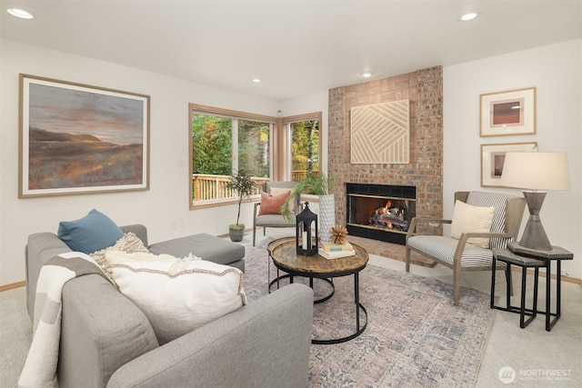 11926 SE 198th Ct, Kent, WA 98031 - carpeted living area featuring recessed lighting and a brick fireplace