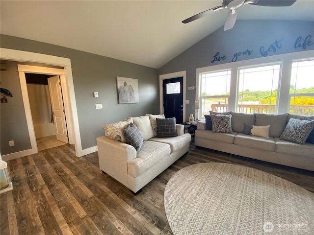 1111 Riverside Ct, Ocean Shores, WA 98569 - living room with lofted ceiling, dark wood finished floors, and a ceiling fan