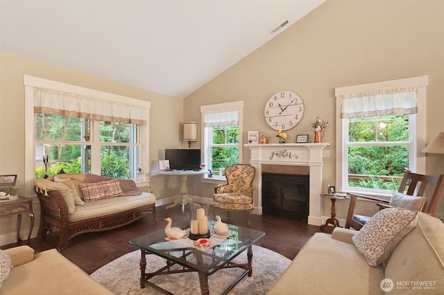 721 Abernathy Creek Rd, Longview, WA 98632 - living area with high vaulted ceiling, wood finished floors, plenty of natural light, and a glass covered fireplace