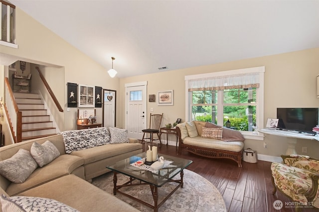 721 Abernathy Creek Rd, Longview, WA 98632 - living room with vaulted ceiling, stairs, and hardwood / wood-style flooring