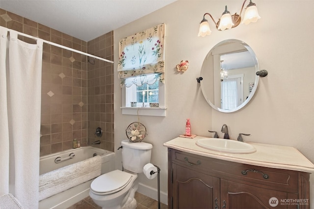 721 Abernathy Creek Rd, Longview, WA 98632 - full bathroom featuring vanity, shower / tub combo with curtain, and tile patterned floors