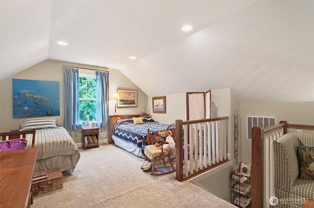 721 Abernathy Creek Rd, Longview, WA 98632 - bedroom featuring lofted ceiling, carpet floors, and recessed lighting