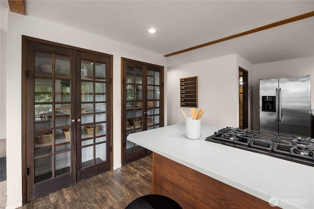 26710 NE Stephens St, Duvall, WA 98019 - kitchen with stainless steel fridge, french doors, dark wood-style flooring, recessed lighting, and black gas stovetop