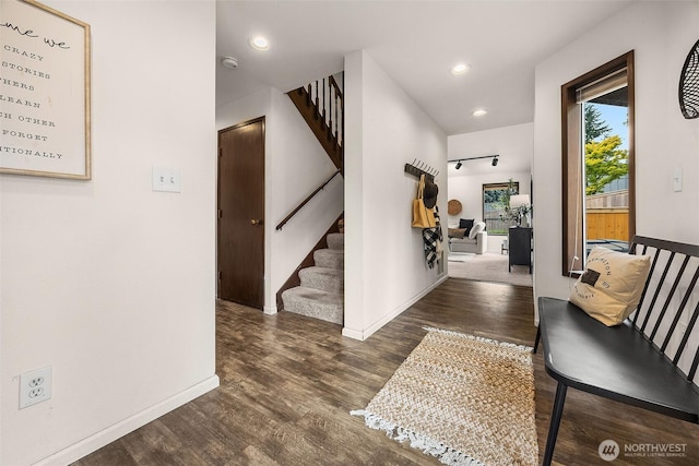 26710 NE Stephens St, Duvall, WA 98019 - foyer entrance with stairs, wood finished floors, and recessed lighting