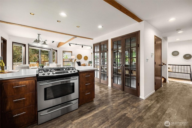 26710 NE Stephens St, Duvall, WA 98019 - kitchen with gas range, french doors, light countertops, dark wood-style floors, and recessed lighting