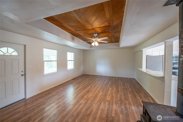 1117 W Stockwell St, Aberdeen, WA 98520 - foyer featuring a raised ceiling, wood ceiling, wood finished floors, and ceiling fan