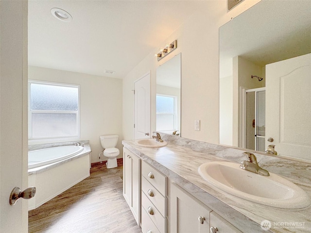 303 Critter Country Trl, Sequim, WA 98382 - bathroom featuring a shower stall, a garden tub, double vanity, and wood finished floors